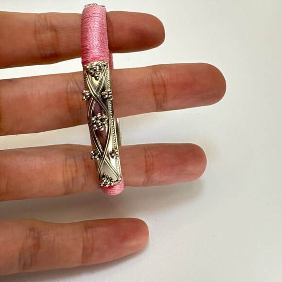 Silver Tone Scroll Design Bangle Bracelet Pink Cord Wrap Size 7.5" Fit - Picture 5 of 9